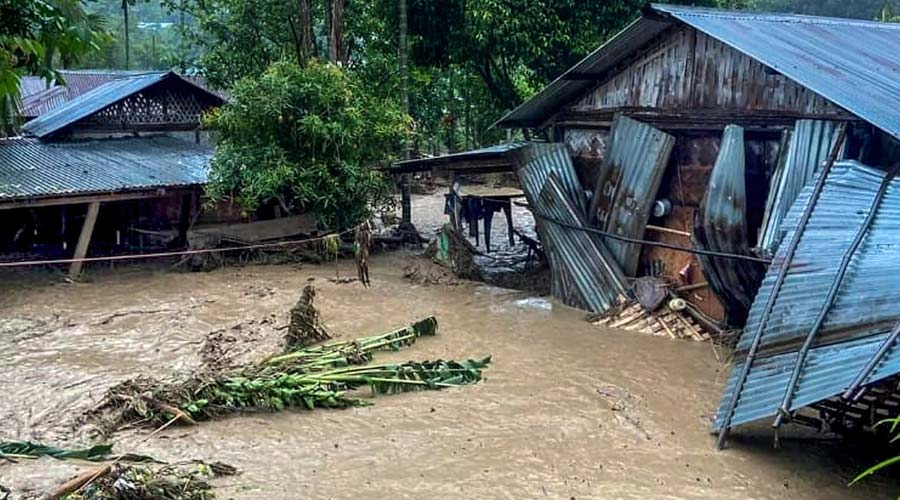 Damaged rouses in a landslide hit area following a heavy rainfall in Dima Hasao district of Assam