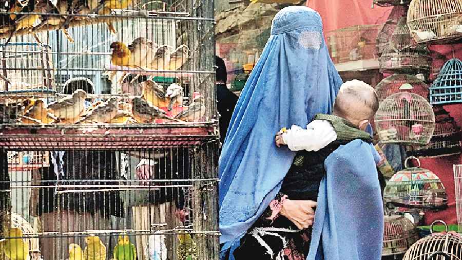 A woman in a burqa at a bird market in Kabul.
