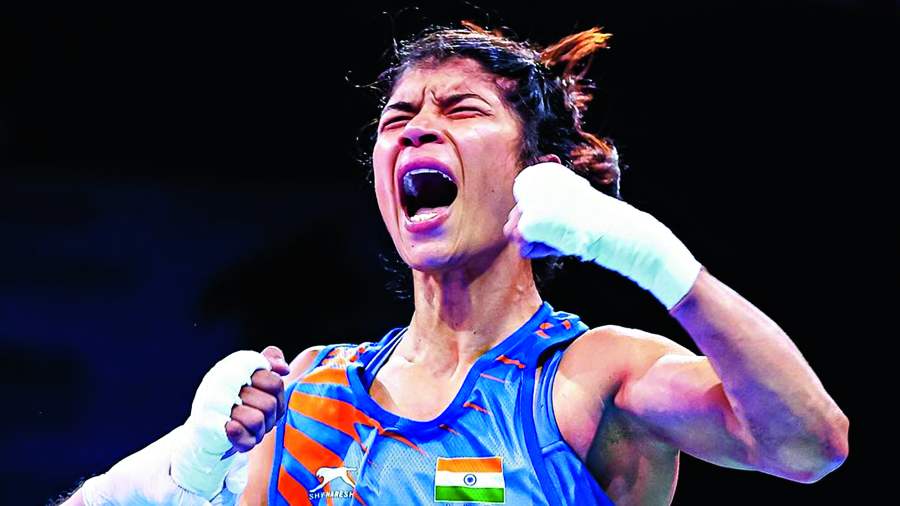 Nikhat Zareen exults after winning the flyweight (52kg) final over Jitpong Jutamas at the  Women’s World Boxing Championships in Istanbul