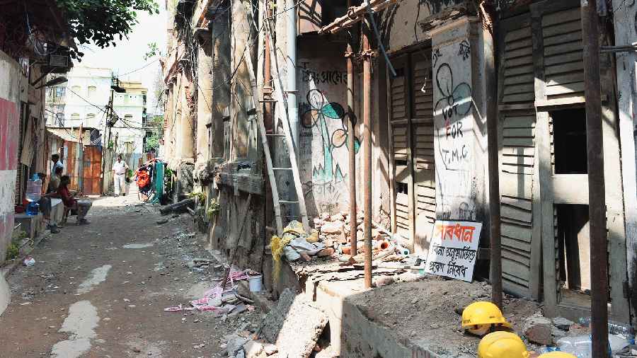 A damaged building in Durga Pituri Lane in Bowbazar  on Friday. 