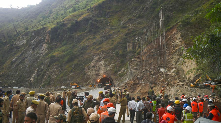 Rescue operation halted due to a landslide, after a portion of an under-construction tunnel on the Jammu-Srinagar national highway collapsed near Magarkote in Ramban district, Friday, May 20, 2022. The incident took place on Thursday night.