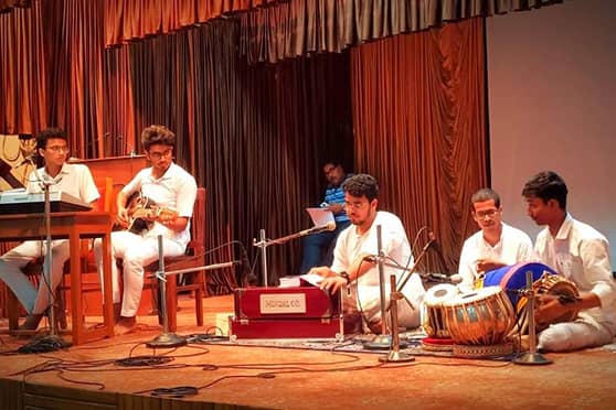 Students of Ramakrishna Mission Residential College, Narendrapur, celebrated Rabindra Jayanti on May 9 with songs like Hey nutan and Majhe majhe tobo.  