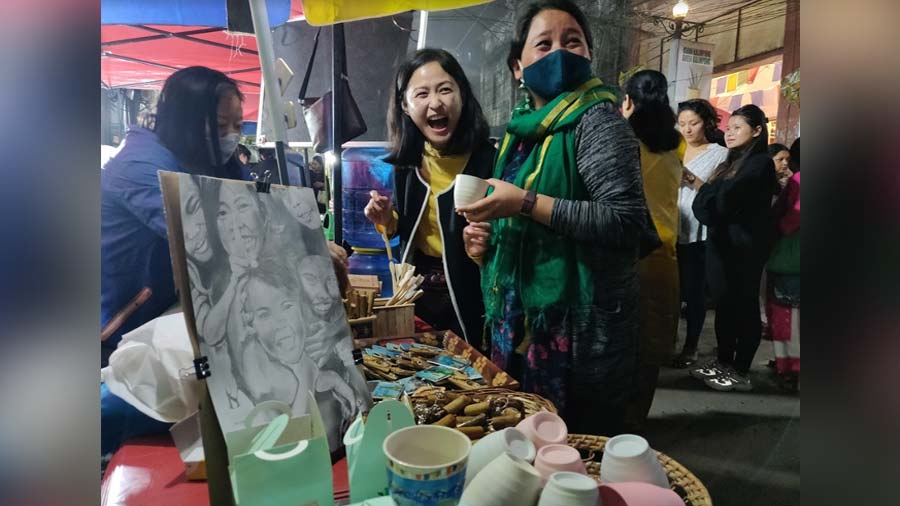 Keychains fashioned after Tongba, the millet-based local spirit, painted mugs by artist Tika Pradhan, bamboo pens and other local art and crafts were displayed at the Mayel Crafts stall