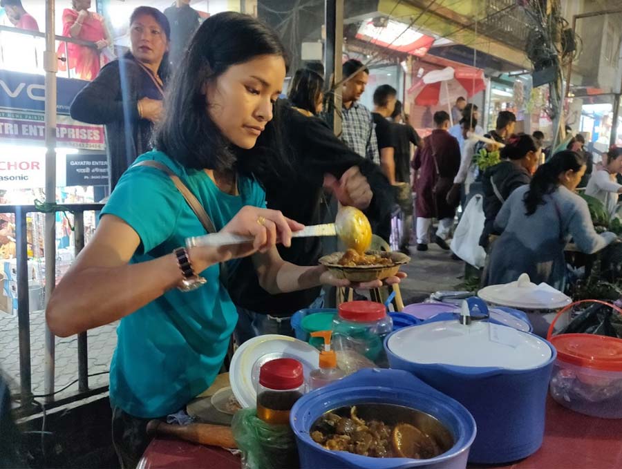 Buff khuta ko achar (buff leg pickle), Choila, a Newari dish, and Tibetan item Chicken cheese phaley were the top draws at this stall run by two siblings, who were taking part for the first time. “We are big foodies! Taking part in events like these is a form of entrepreneurship. Be it the Kalimpong Street Festival or Darjeeling’s Gundri Bazar, we always try to participate,” said Amina Bhujel and her brother Khentshen Ghising from Kalimpong’s Dr BL Dixit Road