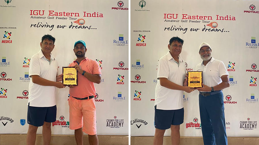  S.K. Rafick and  Kulvin Suri collect their respective trophies from Gaurav Pundir, golf course superintendent, Tollygunge Club
