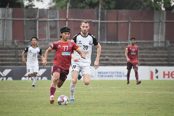 Nikum Gyamar in action during a 2021 I-League match against Mohammedan SC. 