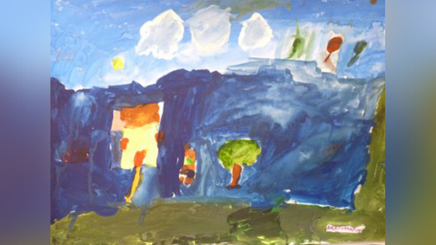 A six-year-old painted a house, tree, animal and road caught in a storm. But the sky, she said, is outside the storm, with a shining sun and white clouds