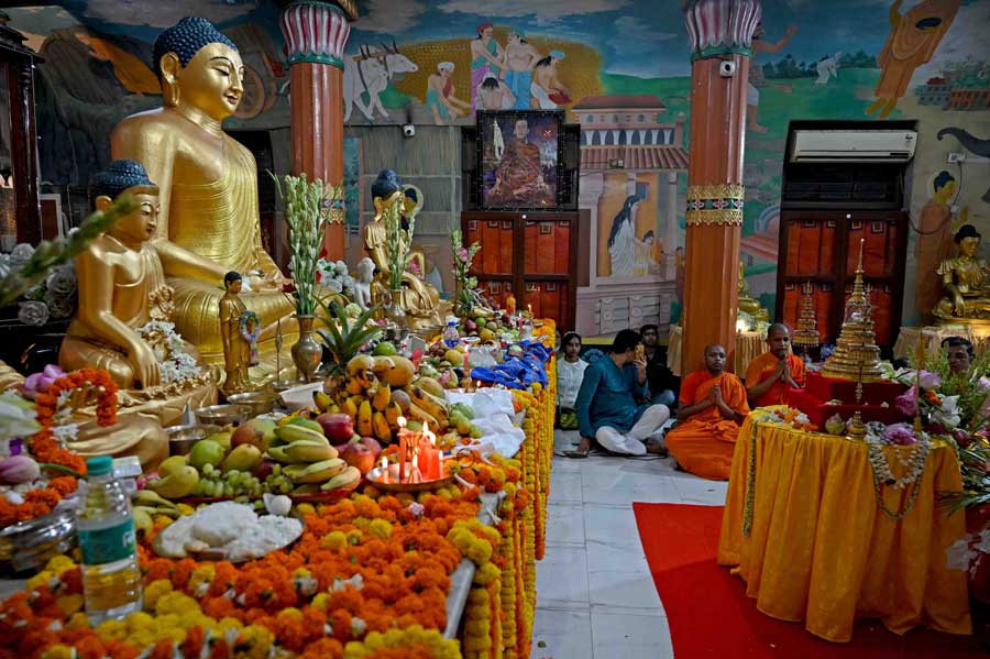 PIOUS: Devotees offer floral tributes and food to Lord Buddha on the occasion of Buddha Jayanti at the Mahabodhi Society of India headquarters at Bankim Chatterjee Street on Monday, May 16. There are various interesting trivia about Lord Buddha. According to legend, the curly ringlets on Buddha’s head are 108 snails that sacrificed their lives to shield the Lord’s head from the scorching sun during a session of meditation 