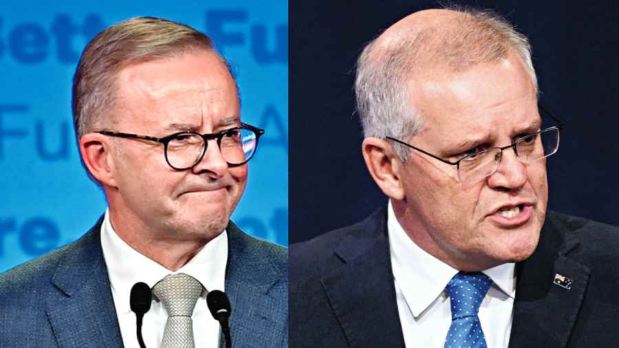 Australia's Labor Party leader Anthony Albanese and Scott Morrison in Sydney on Saturday. 
