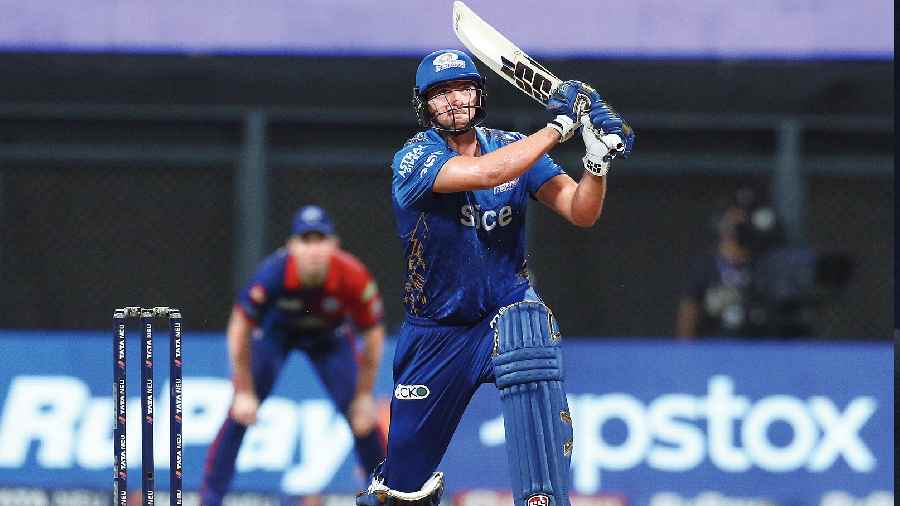 Tim David during his 11-ball 34 at the Wankhede on Saturday.