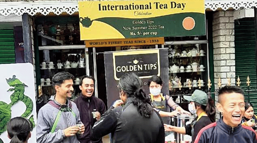 Locals and tourists celebrate International Tea Day in Darjeeling on Saturday.