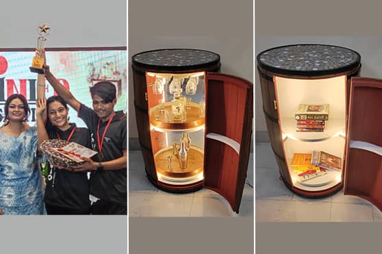 Arpita Sen and Koushik Roy won in the Transformable Furniture category by presenting their bar barrel.
