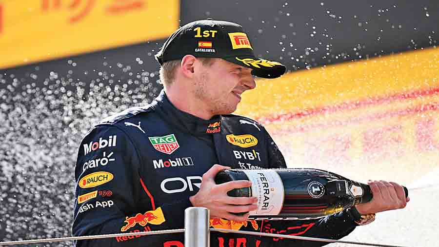 Max Verstappen celebrates after winning the Spanish  GP on Sunday