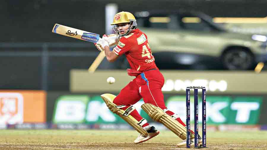 Shikhar Dhawan of Punjab Kings on way to his 39 against Sunrisers Hyderabad at the Wankhede on Sunday.