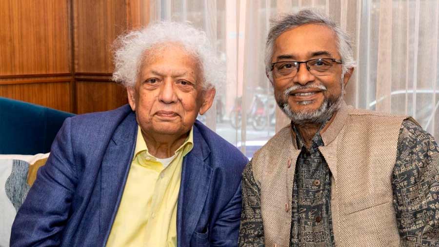 Lord Meghnad Desai with Shom Datta, a banker who divides his time between Santiniketan and London