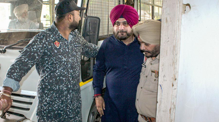 Congress leader Navjot Sidhu, who is lodged in Patiala Central Jail in a road rage case, after a medical check-up at Rajindra hospital in Patiala, on Monday.