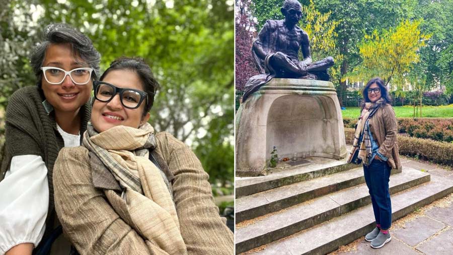 On right, the singer in Tavistock Square, and on left with a friend