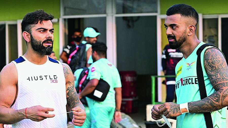 RCB’s Virat Kohli with Lucknow Super Giants  captain KL Rahul (right) in Calcutta on Tuesday, the  eve of IPL 2022’s Eliminator. 