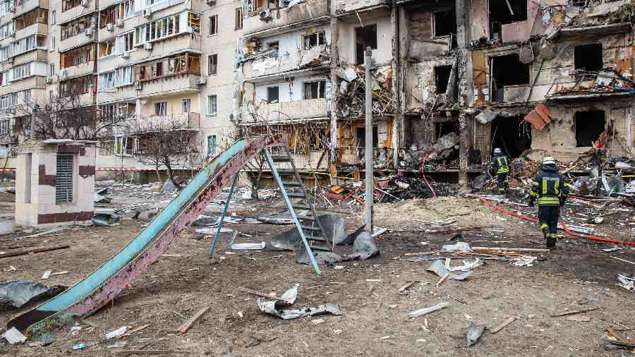  A residential building damaged by an enemy aircraft in the Ukrainian capital Kyiv.