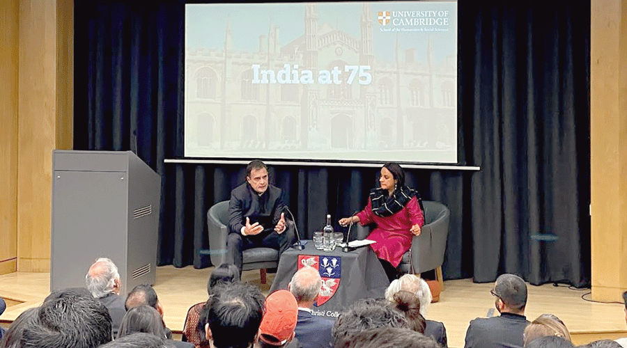 Rahul Gandhi interacts with invitees at the University of Cambridge on Monday at an event to mark 75 years of India’s independence.