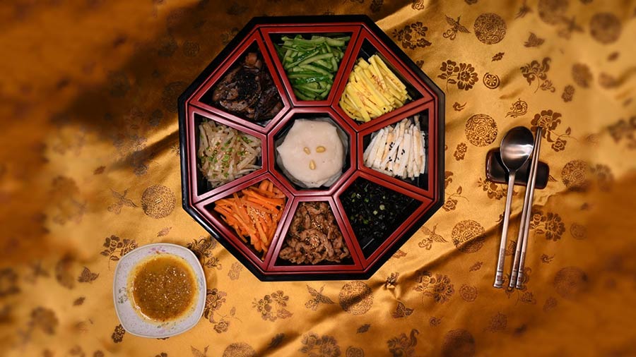 'Gujeolpan' is an elaborate collection of nine different food items served on one plate, arranged according to colour and ingredients