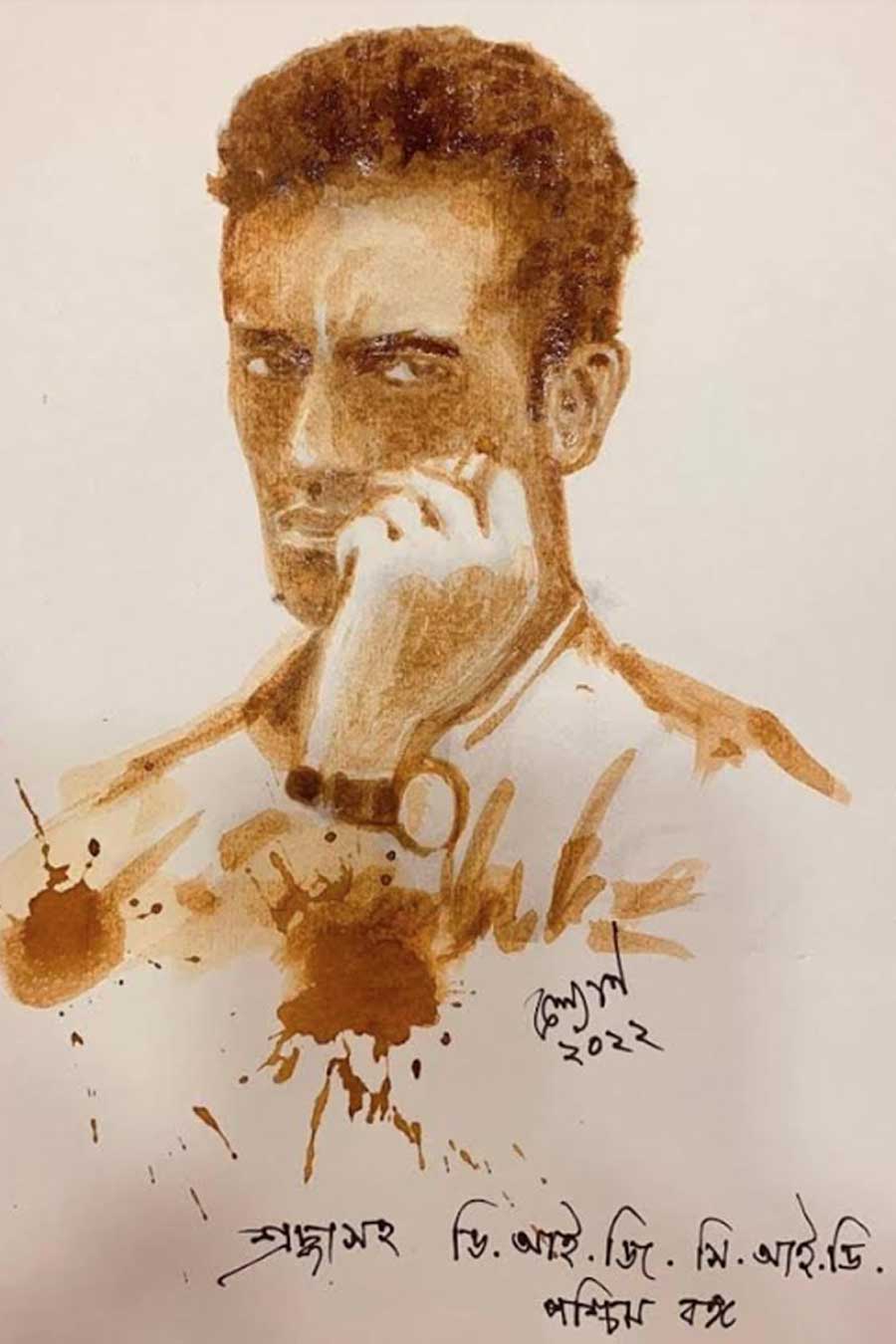 Kalyan Mukhopadhyay, DIG, CID, West Bengal, drew this portrait of actor Jeetu Kamal as Satyajit Ray from the movie ‘Aparajito’. The top cop used coffee to draw the portrait. Kamal shared the photograph on Facebook on Tuesday  