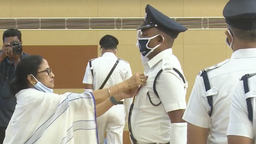 West Bengal chief minister Mamata Banerjee during the investiture ceremony of Kolkata police at Nabanna Sabhaghar on Thursday