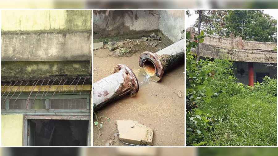 (From left) A collapsed cornice has left rods inside exposed at the P&T staff quarters. (Sudeshna Banerjee); water leaking from pipes as the connecting valve has gone missing; the ground within the administration building is overgrown with weeds. 