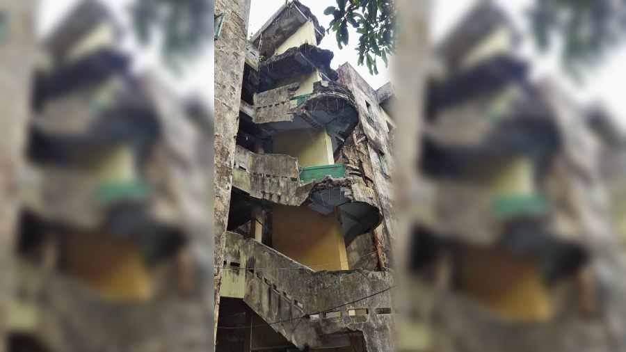 Badly damaged staircases of an apartment at the P&T housing complex