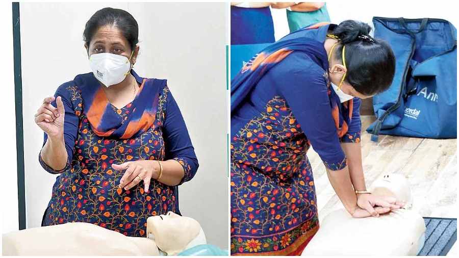 Paramita Kanjilal Chakraborty, consultant, emergency medicine, at Manipal Hospital, talks about and (right) demonstrates cardio pulmonary resuscitation.  
