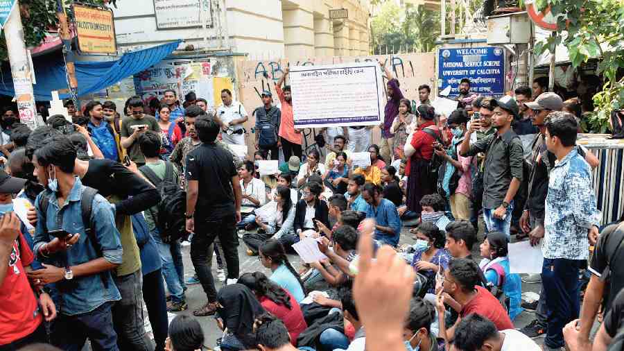 Students protest in front of Calcutta University on Friday demanding online exams. 