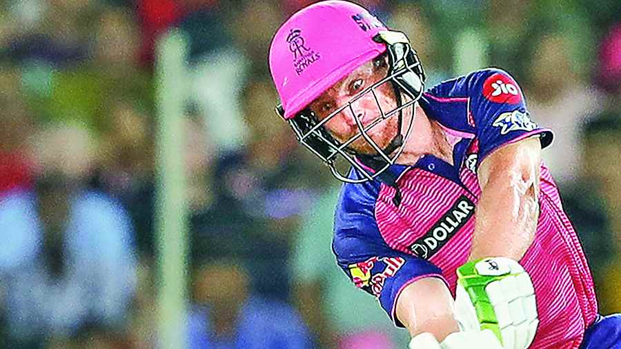 Jos Buttler during his unbeaten 106 off 60 balls against  Royal Challengers Bangalore at the Motera stadium in Ahmedabad on Friday.