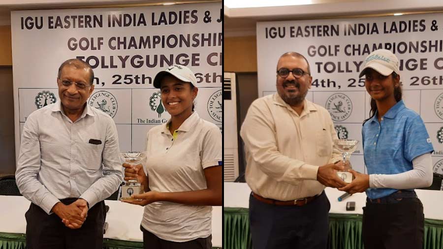 Puneet Kumar Bajwa and Nishna Patel receive their prizes from Joydeep Datta Gupta and Gaurav Ghosh, respectively