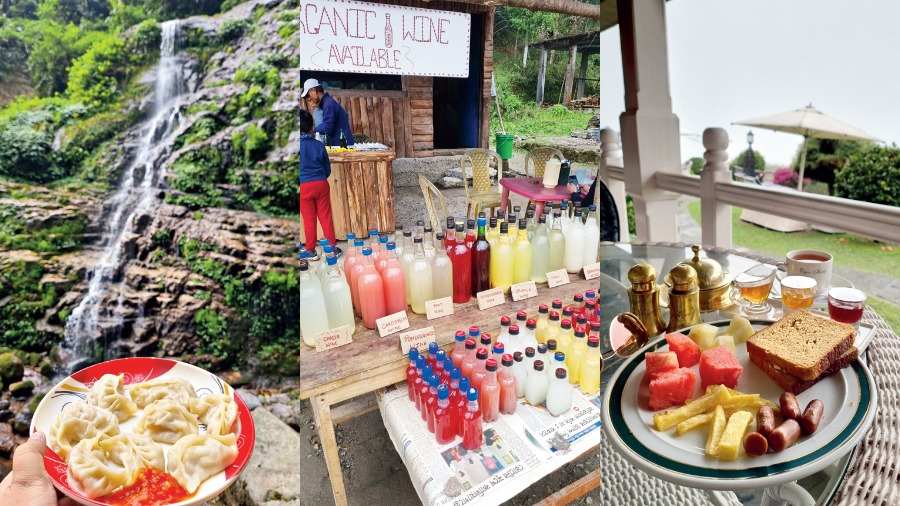 Momos at a stall at Kanchenjunga Falls; Organic wine at Khecheopalri Lake; Breakfast at The Elgin Pandim along with a hot cup of Darjeeling tea