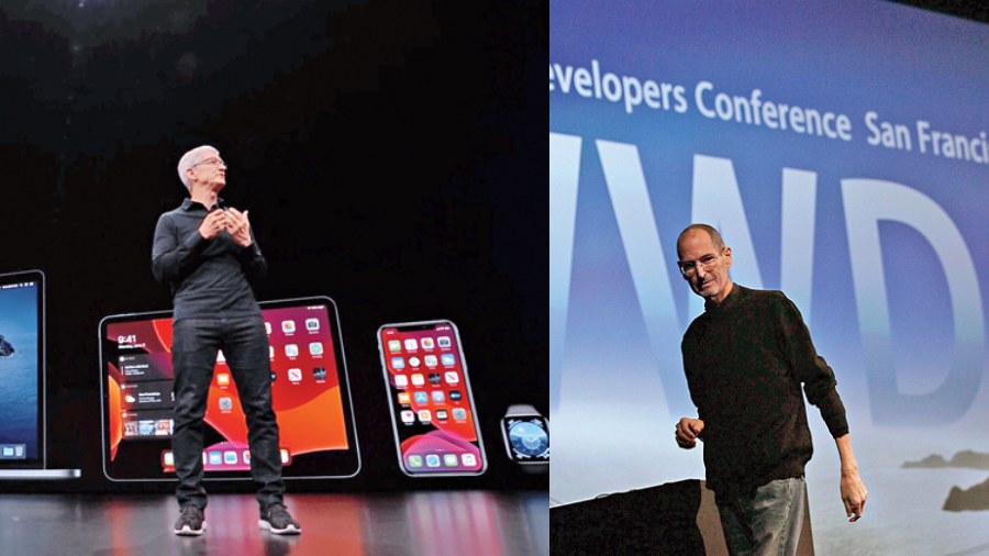 (L-R) Tim Cook addressing WWDC; Steve Jobs at WWDC 2011, which turned out to be his last