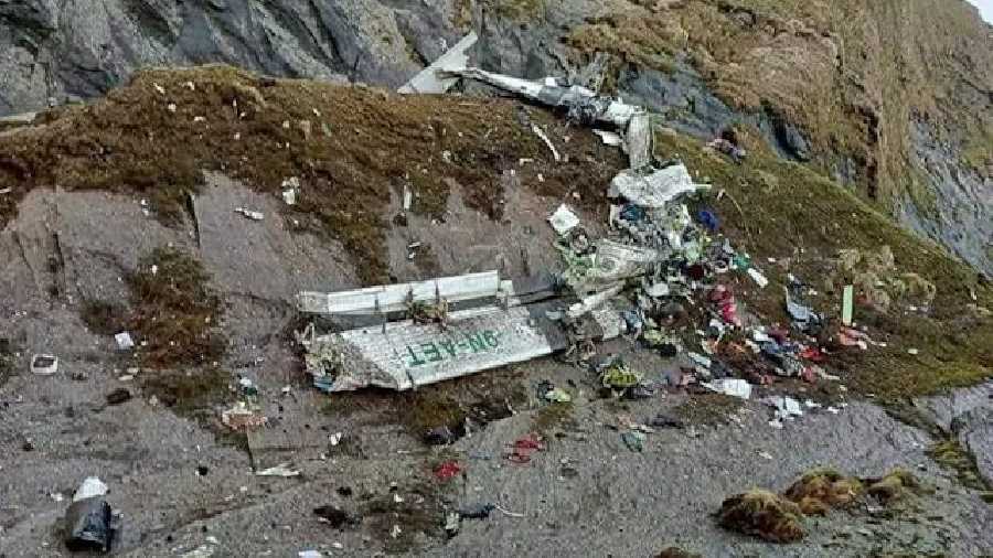 This picture shows wreckage of a plane in a gorge in Sanosware in Mustang district close to the mountain town of Jomsom, west of Kathmandu