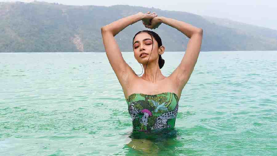 The jungle-printed basil unicorn strapless monokini from House of Masaba has the perfect look to match the relaxed summer-unwinding vibe.