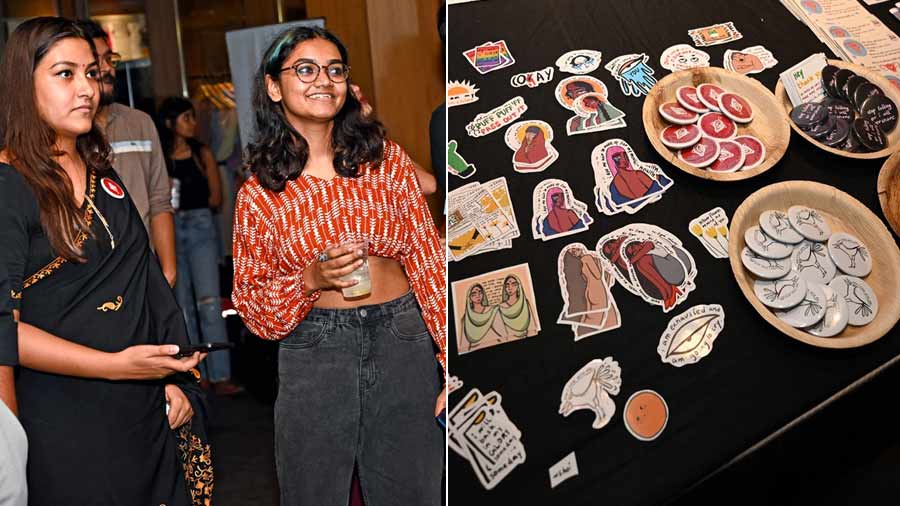 Saimita Sikdar (in red), a core team member of Rangeen Khidki, had a pop-up stall (right), Comics in Crisis, at the exhibit. ‘Art has been my go-to for the longest time. To see so many people enjoying and relating to my art has been the most rewarding feeling,’ she said