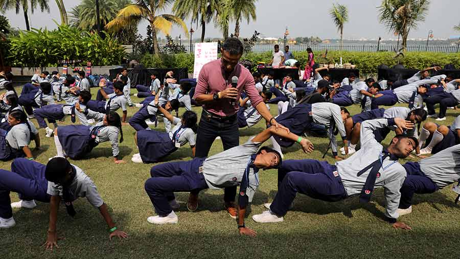 A yoga session was conducted as part of FLOW, the fitness convention 