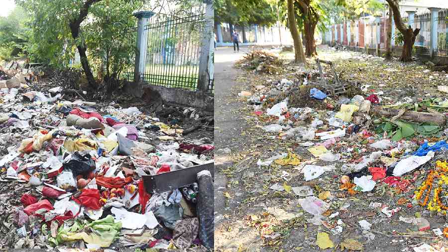Garbage dumped in off Subhas Sarobar and (right) on CIT Road