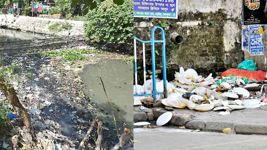 Garbage dumped in the canal along P. Majumder Road and (right) in Chittaranjan Avenue