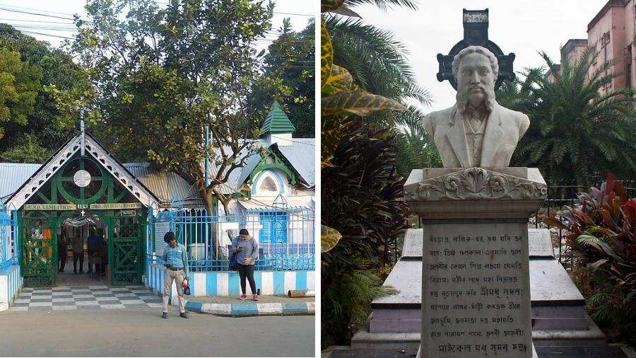 The entrance to the cemetery and (right) the monument and gravesite of Michael Madhusudan Dutt