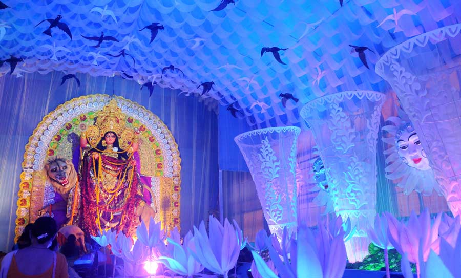 Pandal-hoppers visit a Salt Lake Jagaddhatri puja pandal on Wednesday