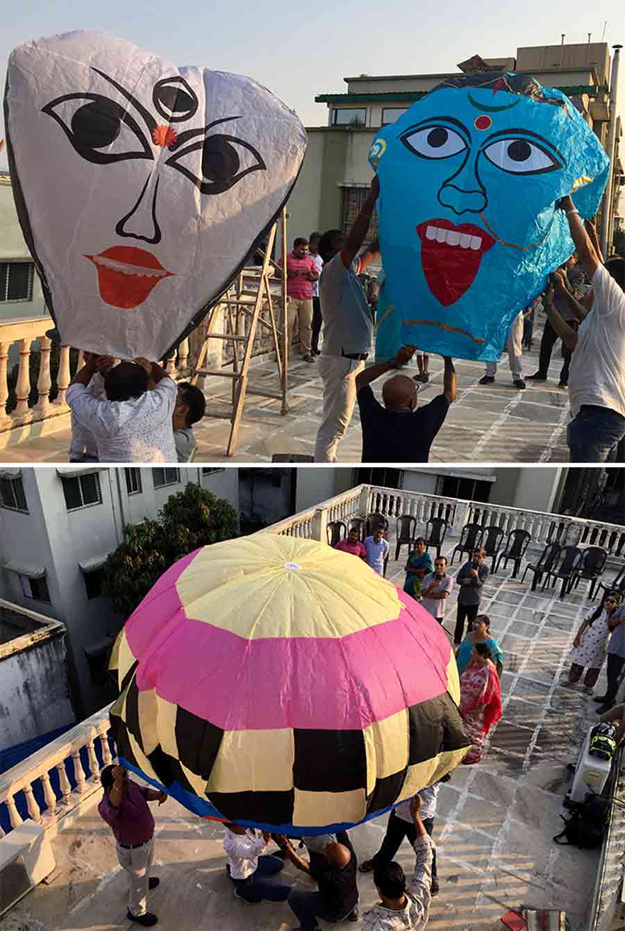 People get ready for a ‘Phanush Mela’ at Dhar Villa in north Kolkata on Wednesday. Over the years, the art of phanush-making evolved with artisans perfecting their skills in creating various shapes and frames. Apart from the conventional balloon shape, phanush were made in the shape of pitchers, stars, footballs, ducks, kettles and even Saturn, complete with its rings. In recent times, phanush makers have been joined by artists who help decorate the phanush, and these creations have become a regular feature during many social and cultural events beyond Kali Puja