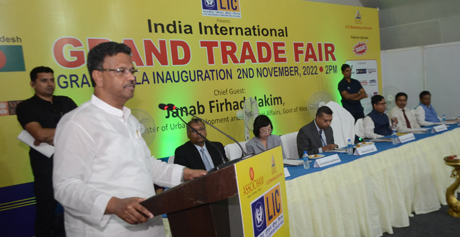 Inauguration of the India International Grand Trade Fair in progress at City Square Ground, New Town. Minister Firhad Hakim, Department of Urban Development and Municipal Affairs inaugurated the event. The fair, which will continue till November 13, will exhibit products from across the country and abroad