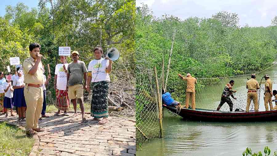 File pictures of a campaign in Kultali and (right) forest guards repairing a nylon net in the Sunderbans
