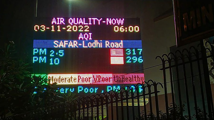 An air quality index (AQI) display board at the SAFAR-Lodi Road, in New Delhi, Thursday morning, November 3, 2022.