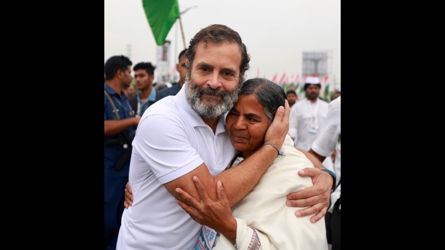 Radhika Vemula, mother of slain Dalit student with Rahul during the morning leg of the Yatra in Telangana 