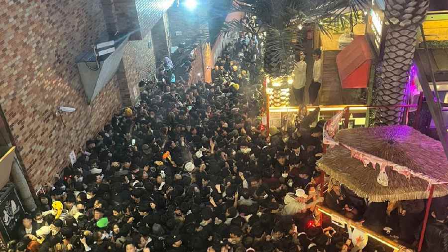 A street in South Korea's popular Itaewon district before a stampede over the Halloween weekend in October 2022
