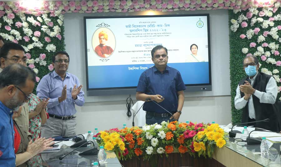 West Bengal education minister, Bratya Basu, at the launch of Swami Vivekananda Merit-cum-Means Scholarship at Bikash Bhavan, Salt Lake, on Thursday. The government has introduced this scheme with a view to assist  meritorious students belonging to economically backward families in the state to pursue higher studies